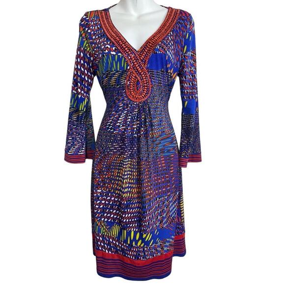 Joseph Ribkoff Dress Shift Size 4 Beaded Neckline Mixed Pattern Attached Belt - Picture 1 of 6